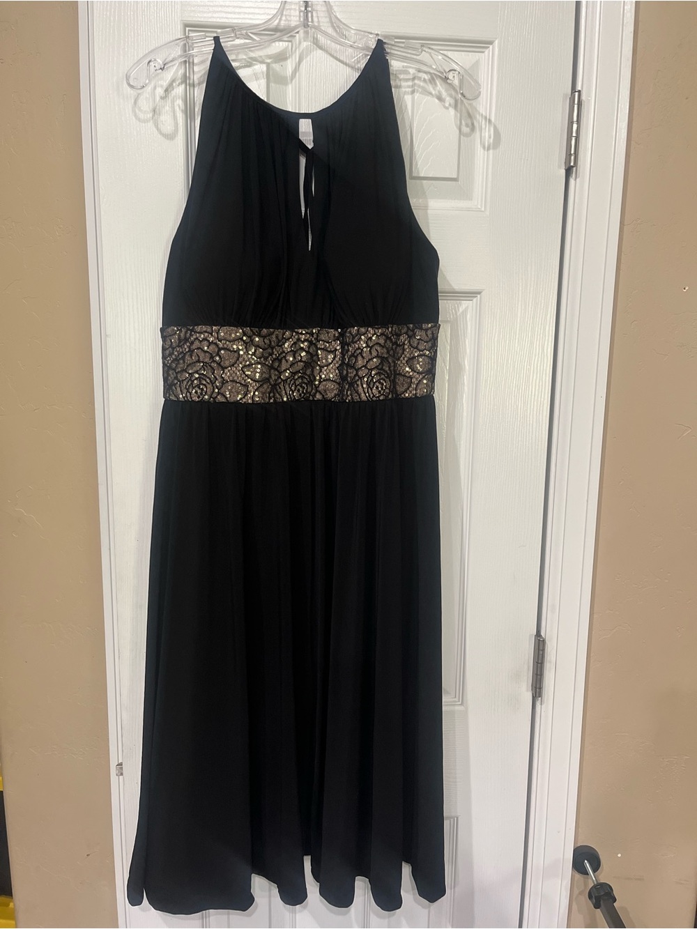 R&M Richards Black Midi Halter Dress with Metallic Lace Waistband